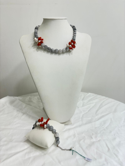 Parure Occhio di Falco, Corallo e Perle