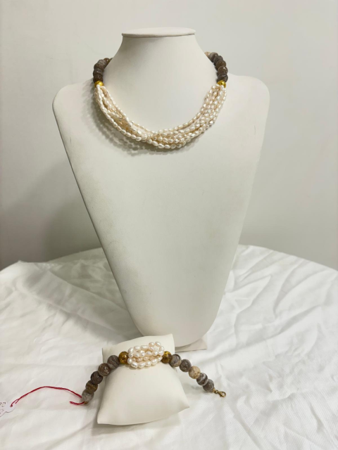 Parure Silver Leaf, Perle e Pietra Lavica Dorata